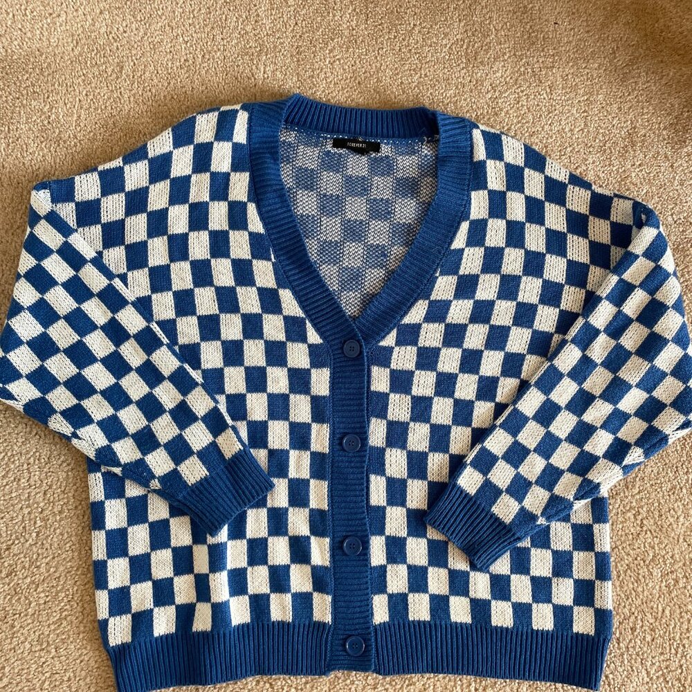Forever 21 Blue and White Checkered Cardigan